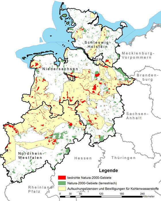 Karte: Durch Fracking bedrohte Natura-2000-Gebiete in Deutschland; © GeoBasis-DE / BKG 2014